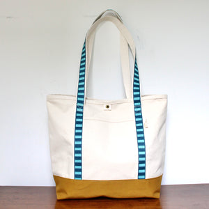 canvas travel tote: peacock + turquoise strap