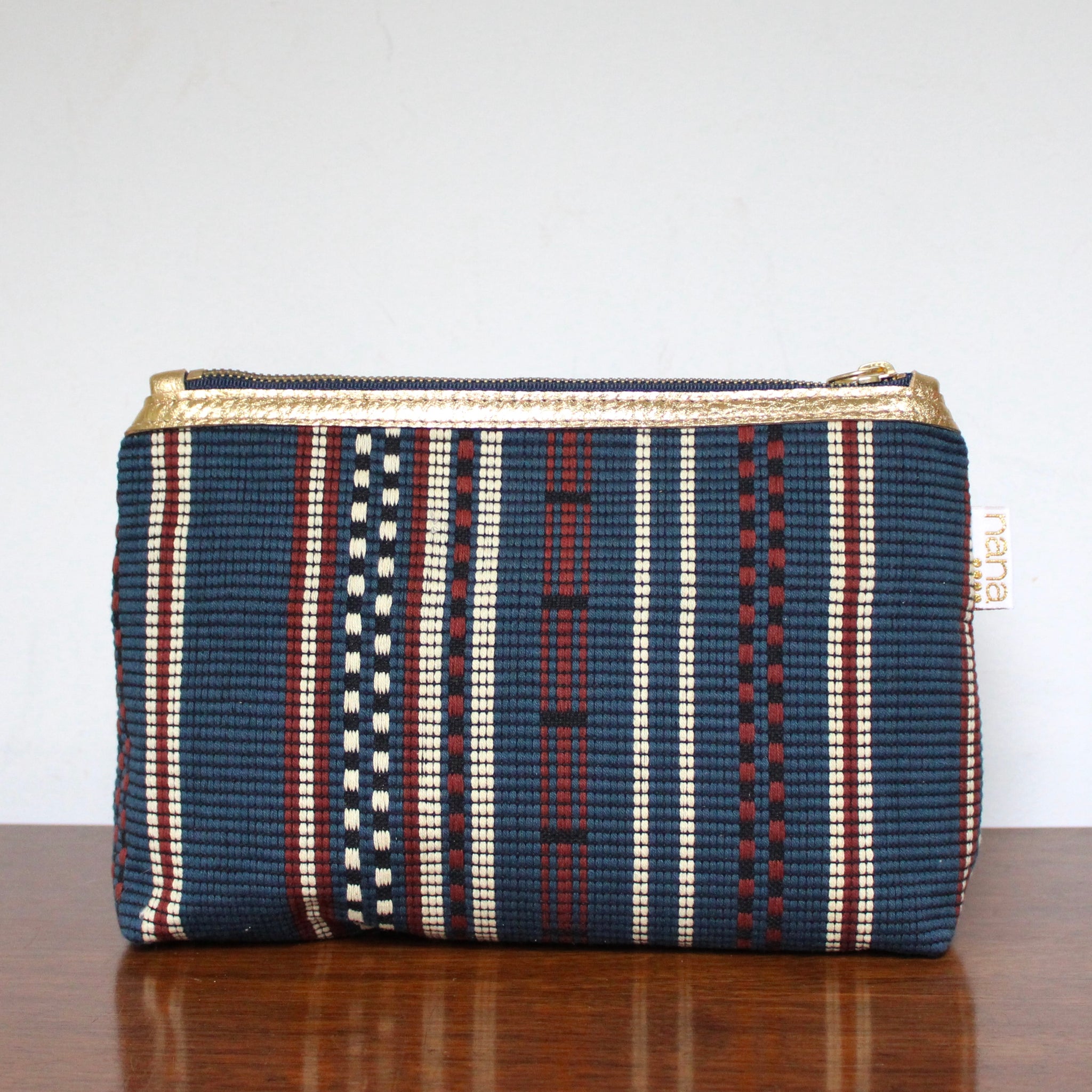 bertha clutch: blue + brown handwoven stripes