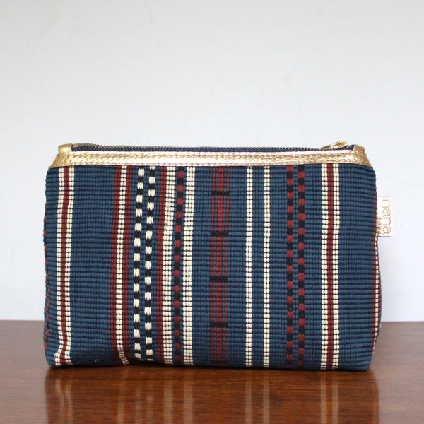 bertha clutch: blue + brown handwoven stripes
