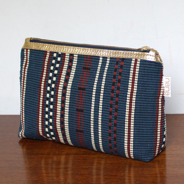 bertha clutch: blue + brown handwoven stripes