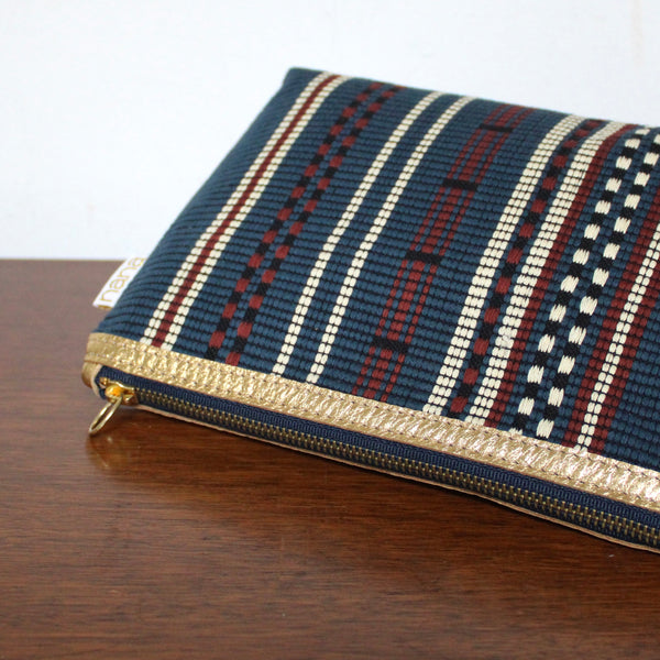 bertha clutch: blue + brown handwoven stripes