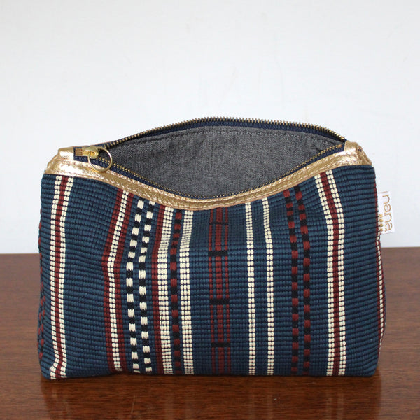 bertha clutch: blue + brown handwoven stripes