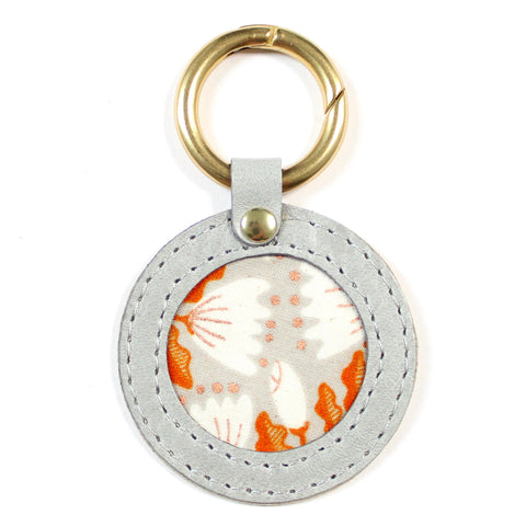 bag clip: grey, white and rust floral print