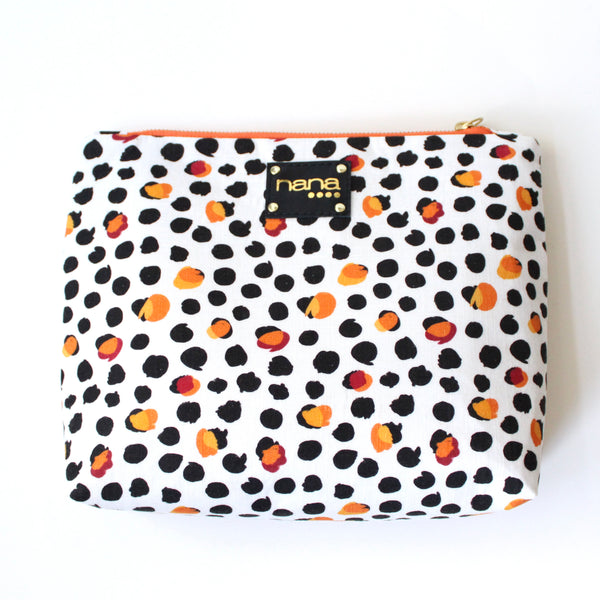 big bertha pouch: white, amber + black dots