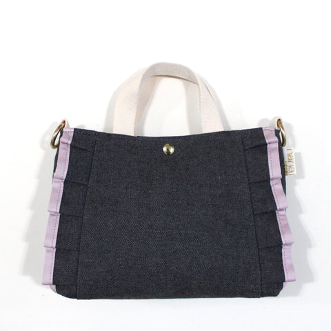 petite ruffle bag: indigo denim with lavender ruffle