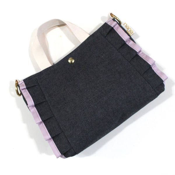 petite ruffle bag: indigo denim with lavender ruffle