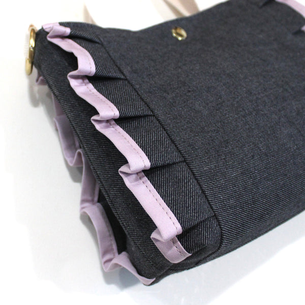 petite ruffle bag: indigo denim with lavender ruffle