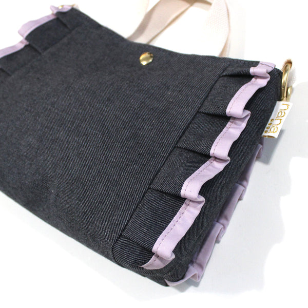 petite ruffle bag: indigo denim with lavender ruffle