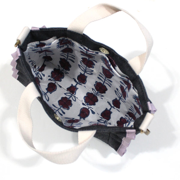 petite ruffle bag: indigo denim with lavender ruffle