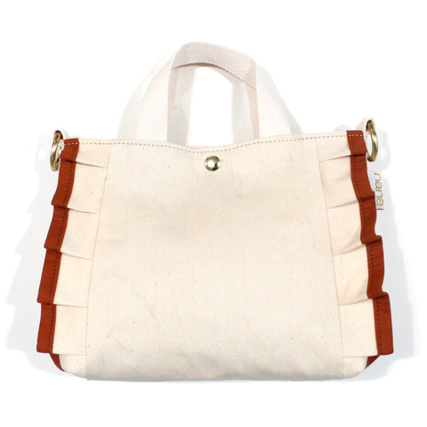 petite ruffle bag: natural denim with cinnamon ruffle