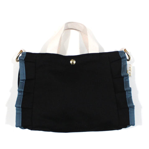 petite ruffle bag: black canvas with stone blue ruffle