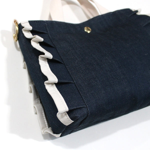 petite ruffle bag: deep indigo with cream ruffle