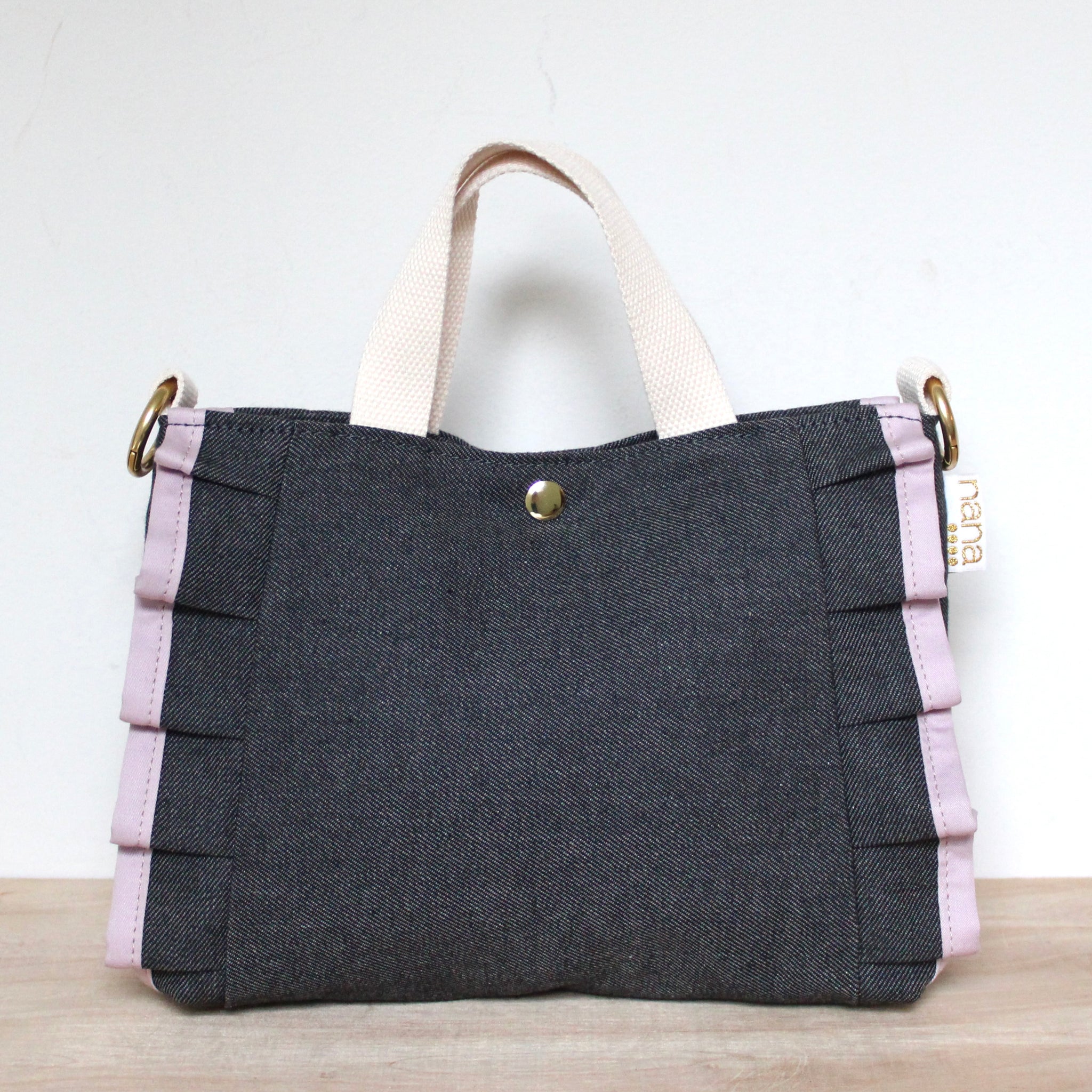 petite ruffle bag: indigo denim with lavender ruffle