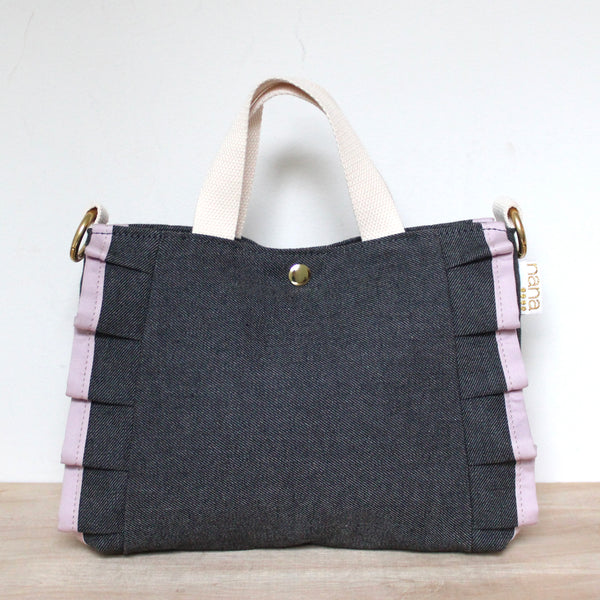 petite ruffle bag: indigo denim with lavender ruffle