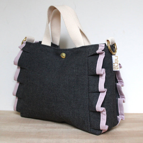 petite ruffle bag: indigo denim with lavender ruffle