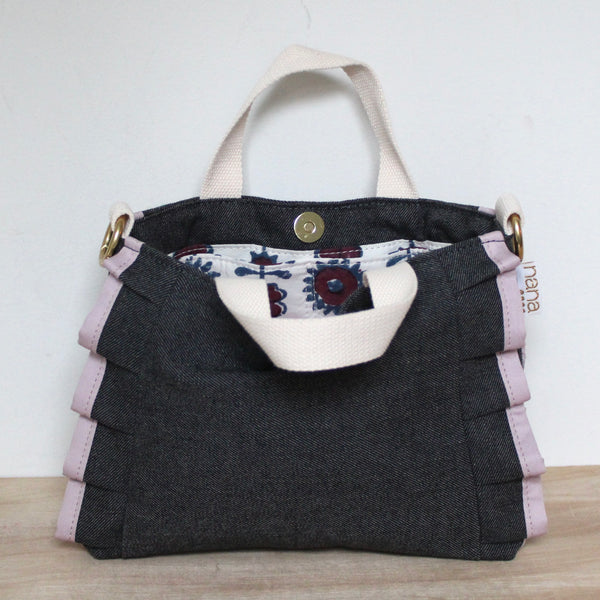 petite ruffle bag: indigo denim with lavender ruffle