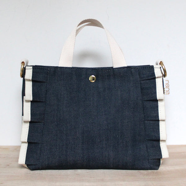 petite ruffle bag: deep indigo with cream ruffle