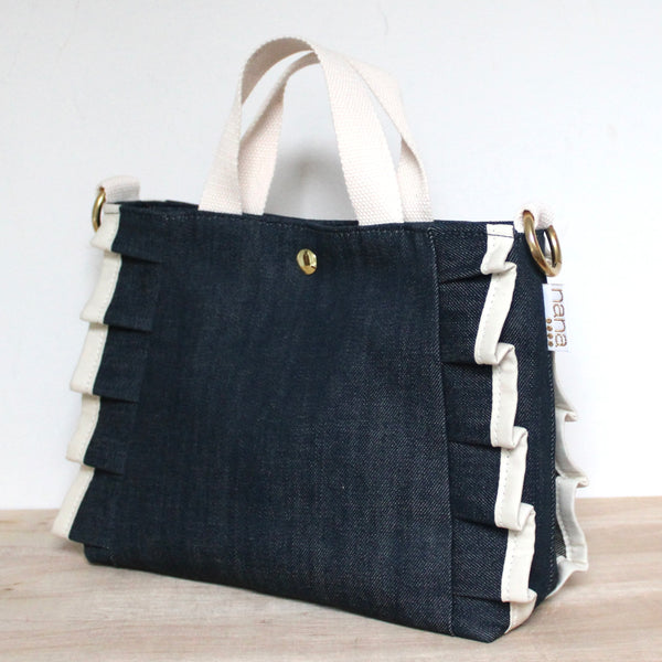 petite ruffle bag: deep indigo with cream ruffle