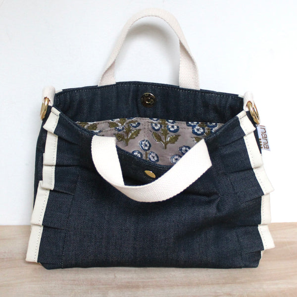 petite ruffle bag: deep indigo with cream ruffle