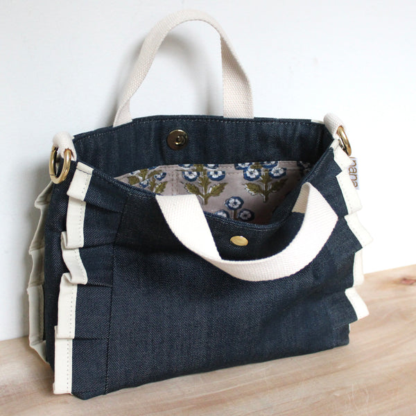 petite ruffle bag: deep indigo with cream ruffle