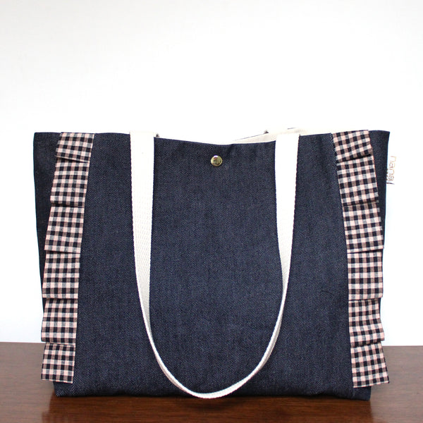 grande ruffle tote: navy and pink gingham