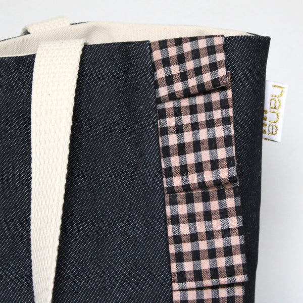 grande ruffle tote: navy and pink gingham