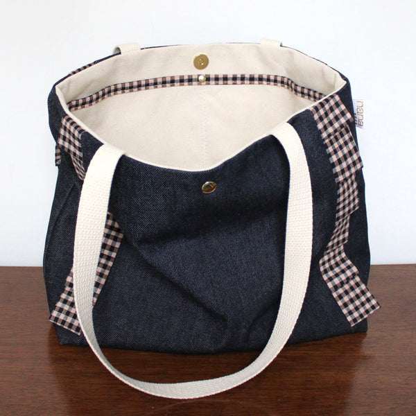grande ruffle tote: navy and pink gingham