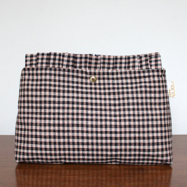 ruffle clutch: navy and pink gingham