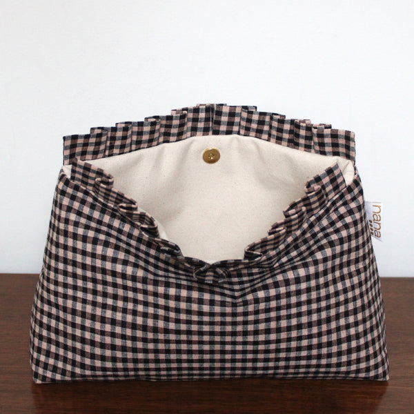 ruffle clutch: navy and pink gingham