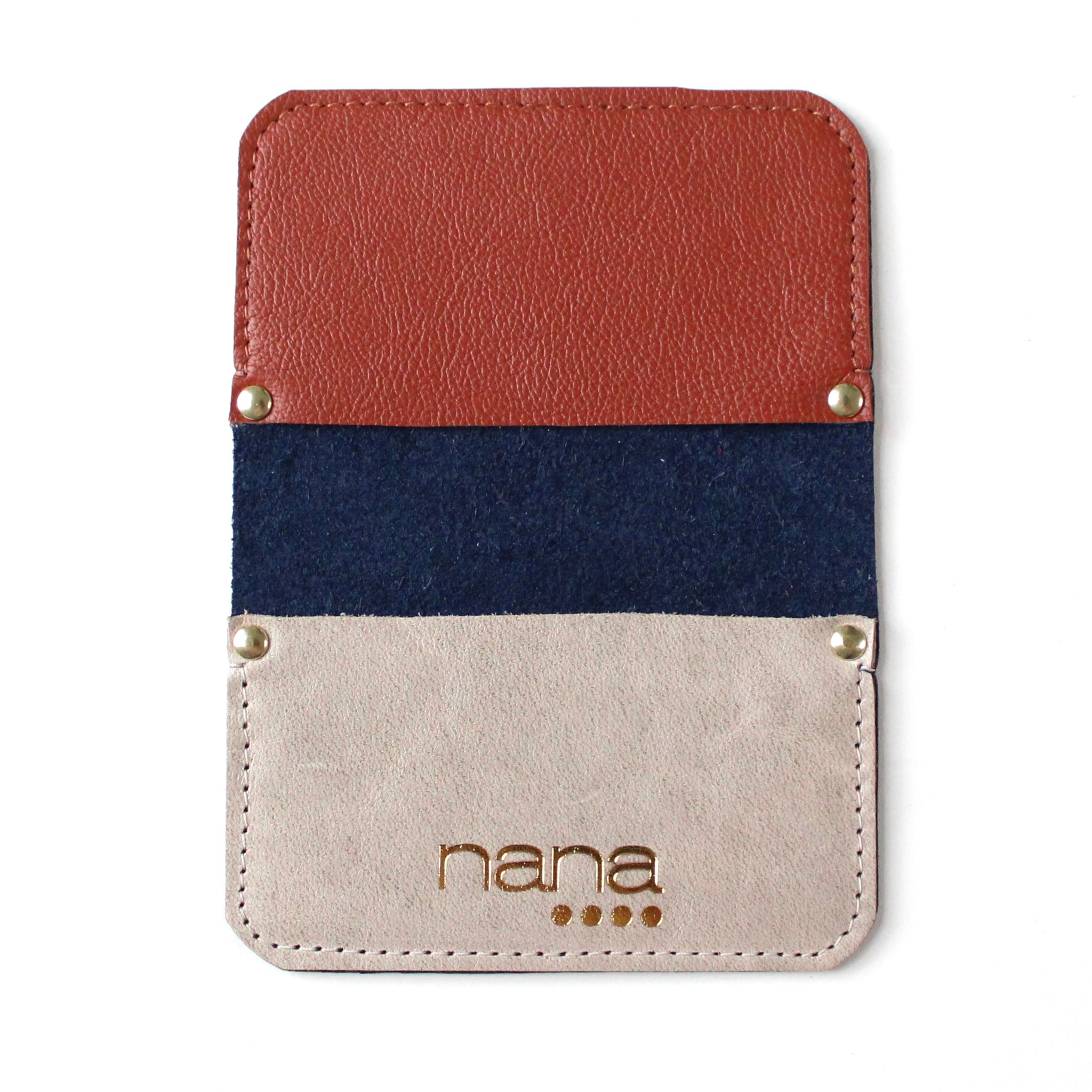 tricolor card holder: pebbled navy, cognac + rustic light taupe