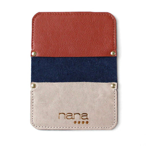 tricolor card holder: pebbled navy, cognac + rustic light taupe