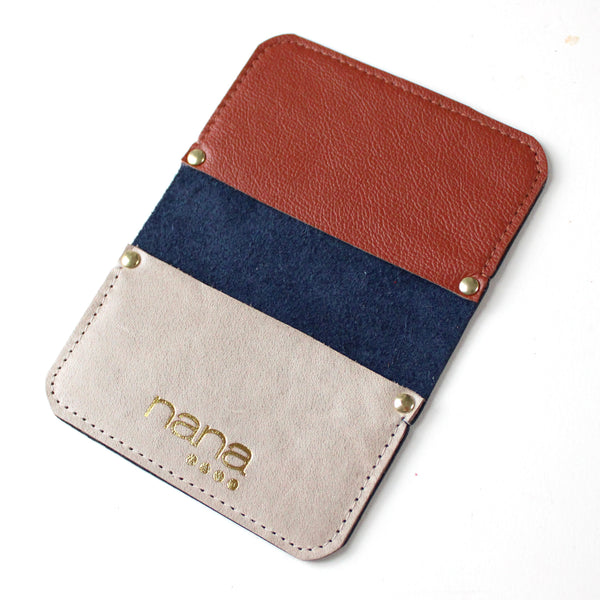 tricolor card holder: pebbled navy, cognac + rustic light taupe