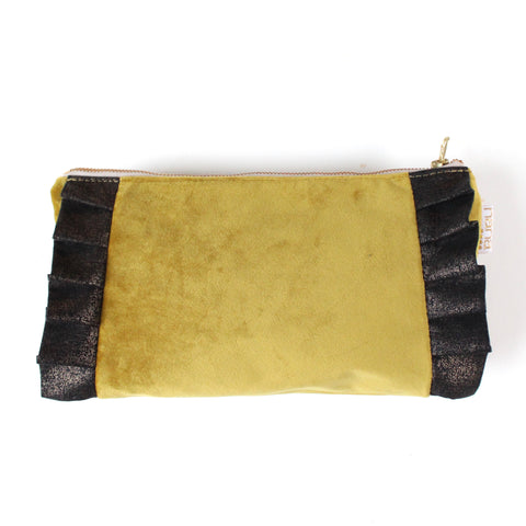 ruffle clutch: chartreuse velvet + black sparkle ruffle