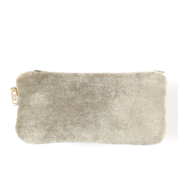 warm fuzzy clutch: taupe