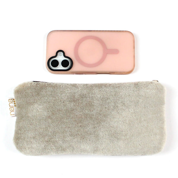 warm fuzzy clutch: taupe